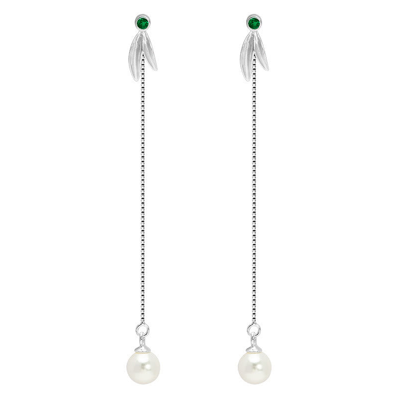 Boucles d'oreilles pendantes Foviel en argent sterling 925, perles de zircon et feuilles de bambou protectrices