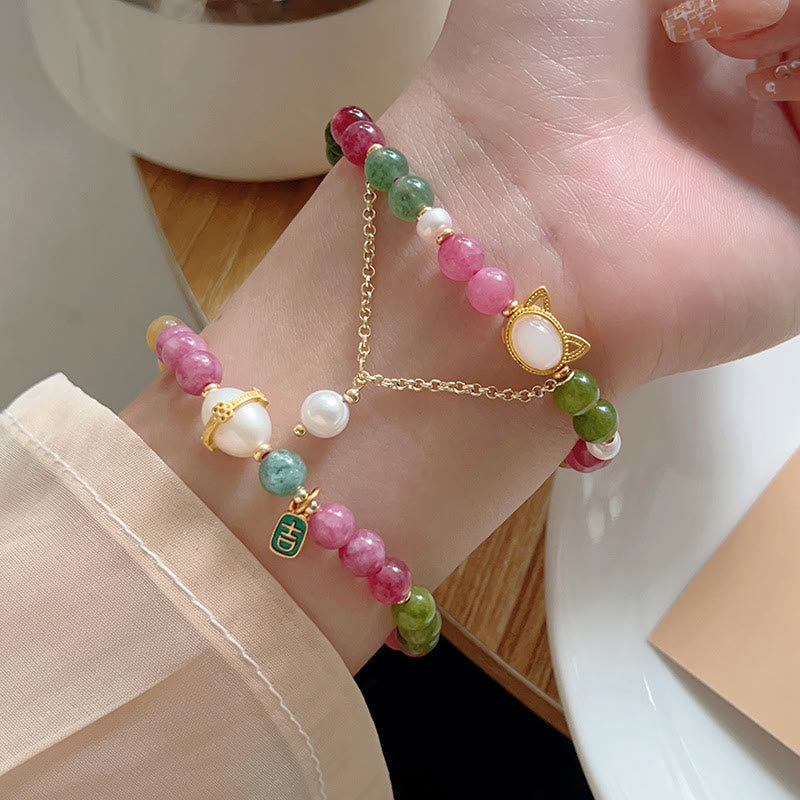 Bracelet porte-bonheur Foviel chat chanceux en tourmaline colorée