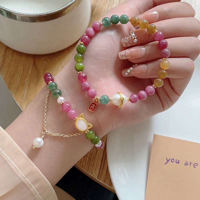 Bracelet porte-bonheur Foviel chat chanceux en tourmaline colorée
