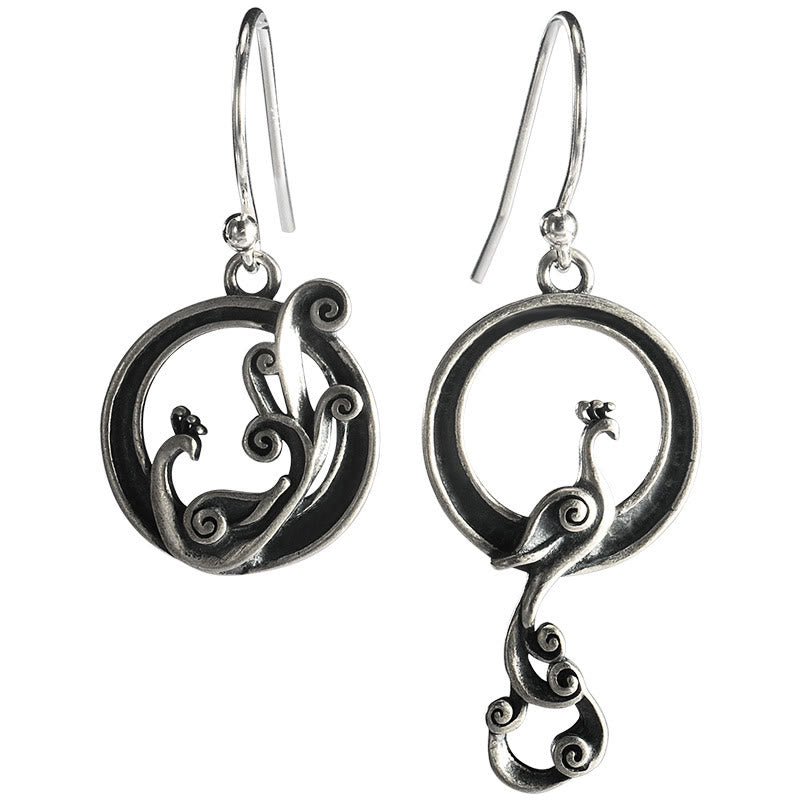 Foviel 925 Sterling Silber Runde Asymmetrie Peacock Fortune Ohrringe