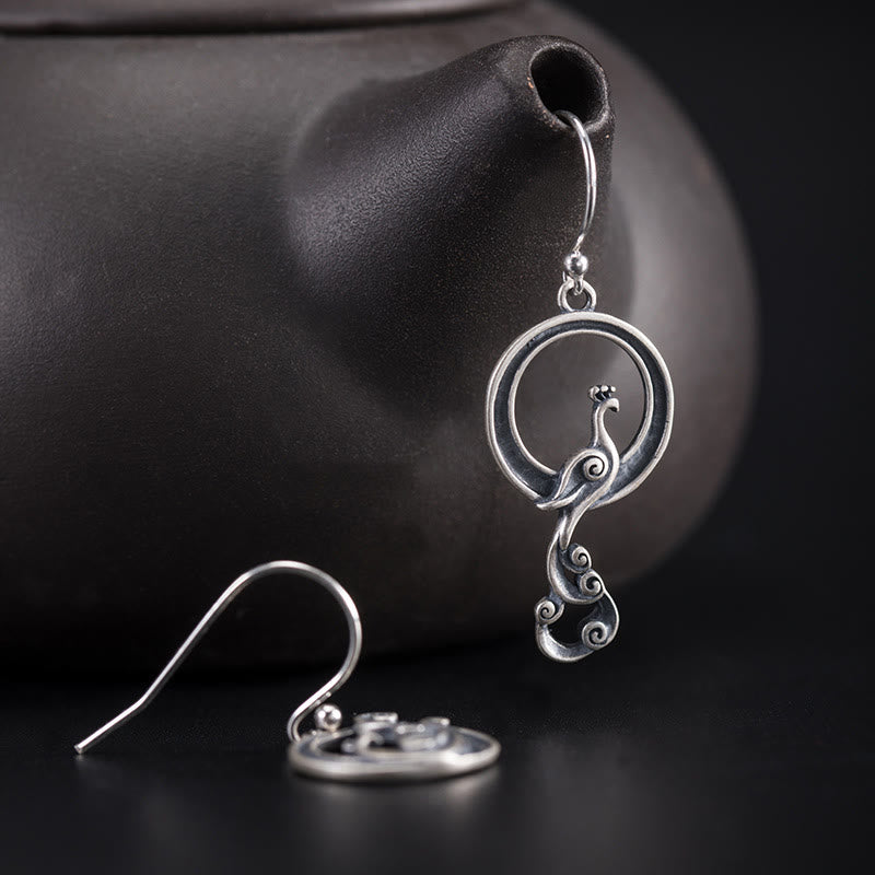 Foviel 925 Sterling Silber Runde Asymmetrie Peacock Fortune Ohrringe