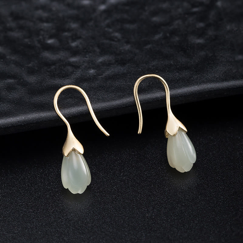 Boucles d'oreilles pendantes Foviel en argent sterling 925, jade de Hetian et motif magnolia de l'abondance