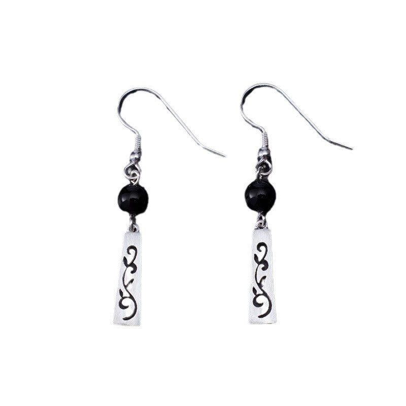 Foviel 925 Sterling Silber Schwarz Onyx Hohlvinz Schutz Drop Ohrringe
