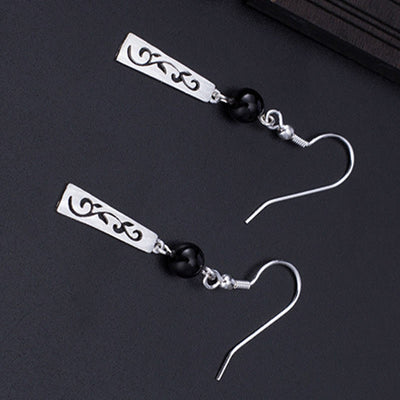 Foviel 925 Sterling Silber Schwarz Onyx Hohlvinz Schutz Drop Ohrringe