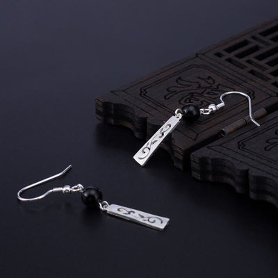 Foviel 925 Sterling Silber Schwarz Onyx Hohlvinz Schutz Drop Ohrringe