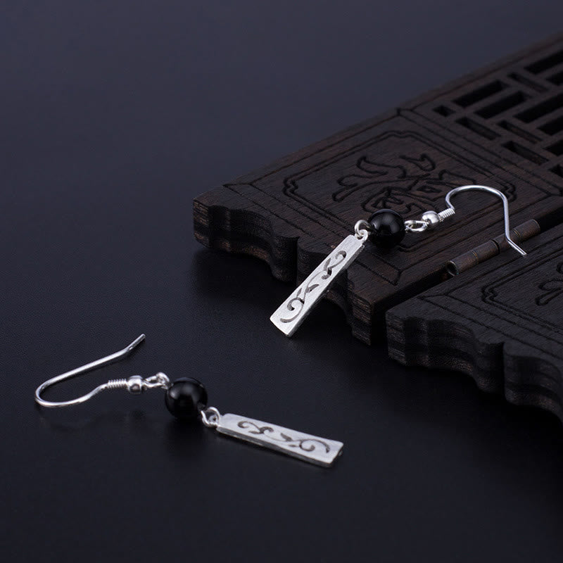 Foviel 925 Sterling Silber Schwarz Onyx Hohlvinz Schutz Drop Ohrringe