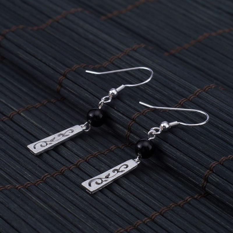 Foviel 925 Sterling Silber Schwarz Onyx Hohlvinz Schutz Drop Ohrringe