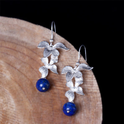 Buddha Stones 925 Sterling Silver Lazurite Ethnic Style Flower Positive Drop Earrings - image 2