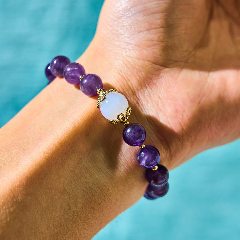 Foviel Natural Amethyst Strawberry Quartz Peace Lock Charm Positive Bracelet