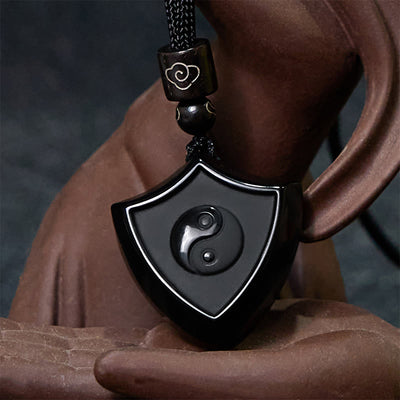 Foviel Black Obsidian Shield Pattern Yin Yang Symbol Strength Necklace Pendant
