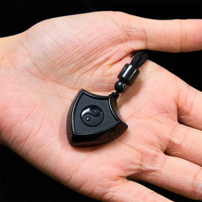Foviel Black Obsidian Shield Pattern Yin Yang Symbol Strength Necklace Pendant