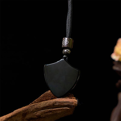 Foviel Black Obsidian Shield Pattern Yin Yang Symbol Strength Necklace Pendant