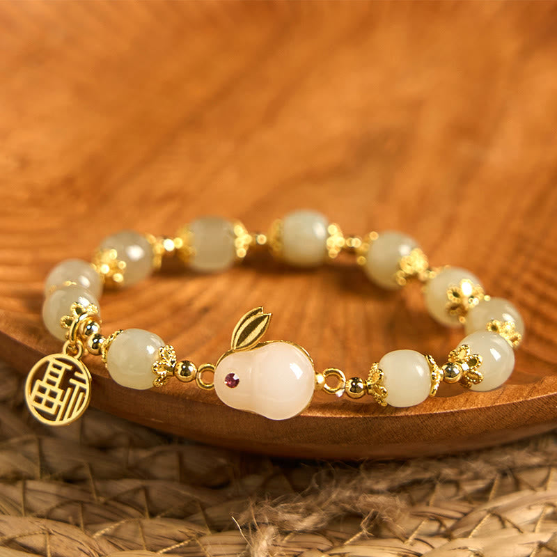 Foviel Natural Hetian Jade Fu Character Fu Brand Rabbit Abundance Bracelet