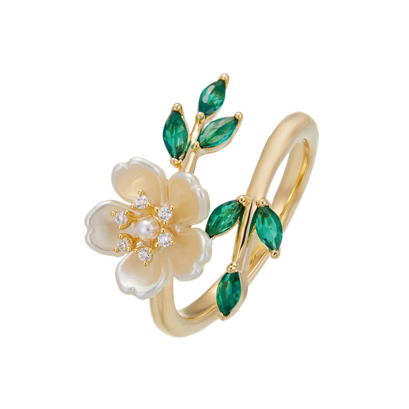 Foviel Pearl Flower Zircon Leaves Happiness Wealth Adjustable Ring