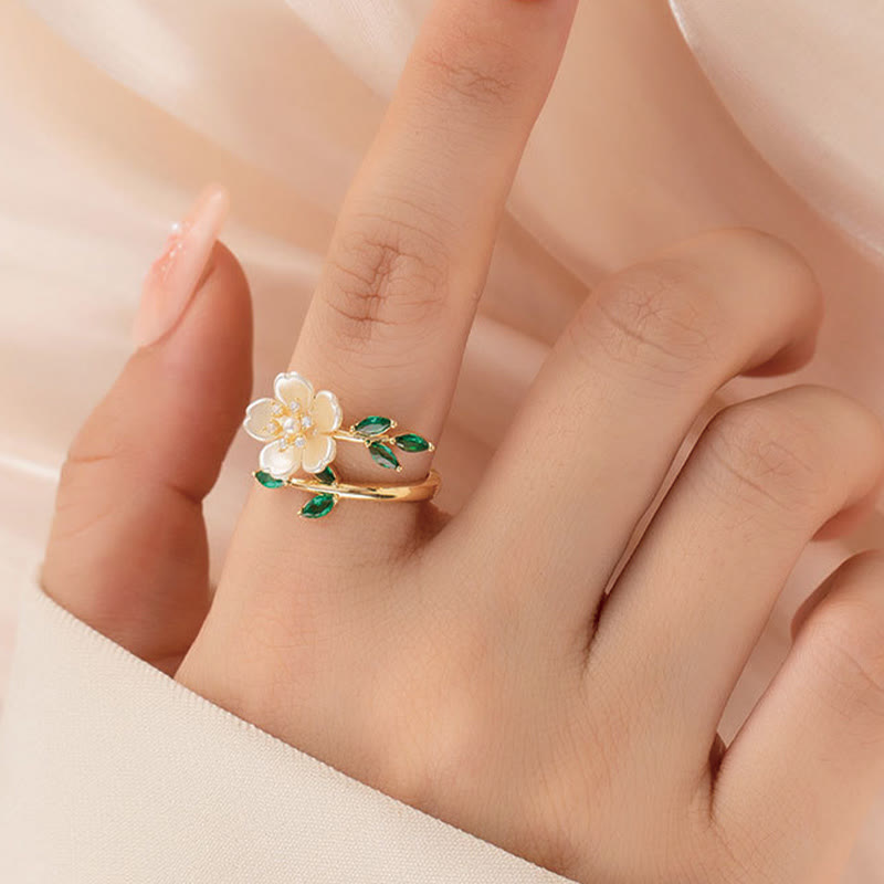Foviel Pearl Flower Zircon Leaves Happiness Wealth Adjustable Ring