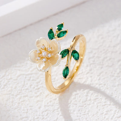 Foviel Pearl Flower Zircon Leaves Happiness Wealth Adjustable Ring