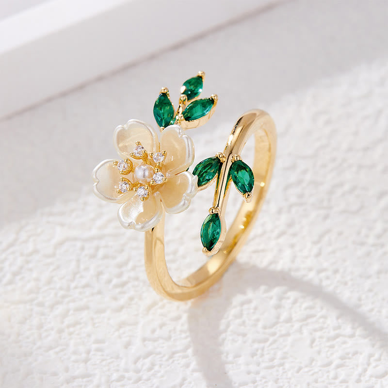 Bague ajustable Foviel, motif fleurs de perles, feuilles en zircon, bonheur et richesse