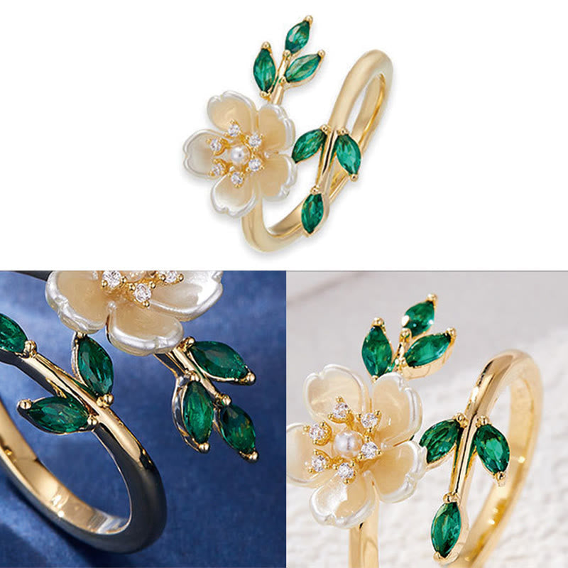 Foviel Pearl Flower Zircon Leaves Happiness Wealth Adjustable Ring