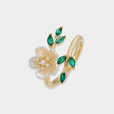 Foviel Pearl Flower Zircon Leaves Happiness Wealth Adjustable Ring
