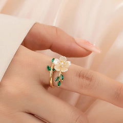 Foviel Pearl Flower Zircon Leaves Happiness Wealth Adjustable Ring