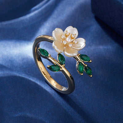 Foviel Pearl Flower Zircon Leaves Happiness Wealth Adjustable Ring