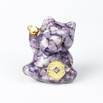 Buddha Stones Lucky Cat Copper Coin Turquoise Labradorite Pink Crystal Amethyst Strength Home Decoration - Lepidolite - About 5.5*6*4cm - image 21