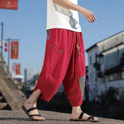 Foviel Bohemian Patchwork Pattern Cotton Drawstring Men's Wide Leg Pants With Pockets