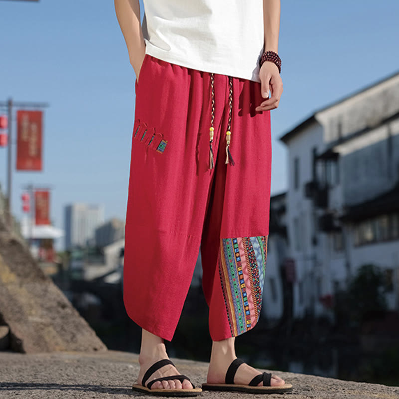 Buddha Stones Bohemian Patchwork Pattern Cotton Drawstring Men's Wide Leg Pants With Pockets - image 17