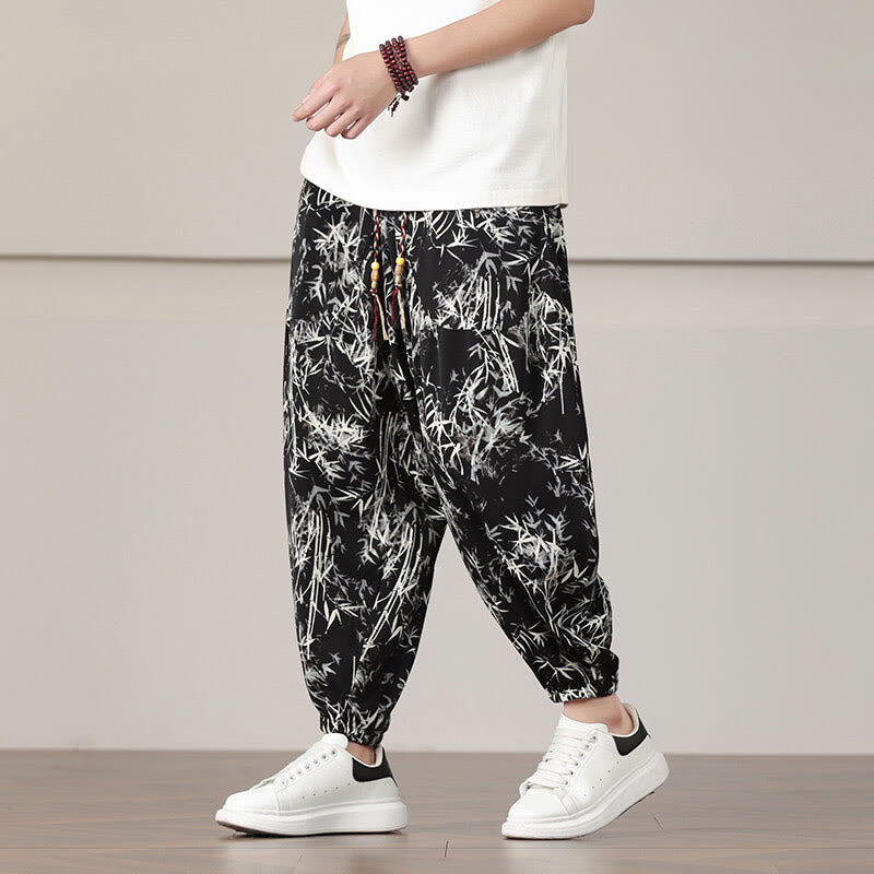 Pantalon sarouel pour homme Foviel à motif de feuilles de bambou avec cordon de serrage et poches