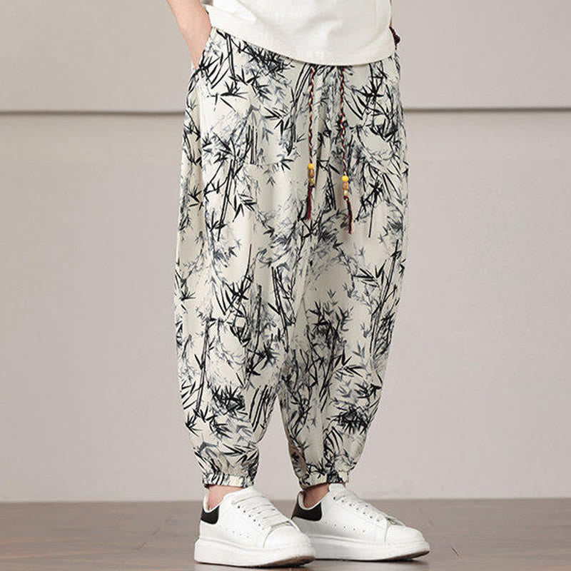 Pantalon sarouel pour homme Foviel à motif de feuilles de bambou avec cordon de serrage et poches