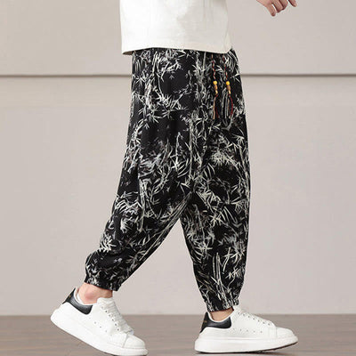 Pantalon sarouel pour homme Foviel à motif de feuilles de bambou avec cordon de serrage et poches