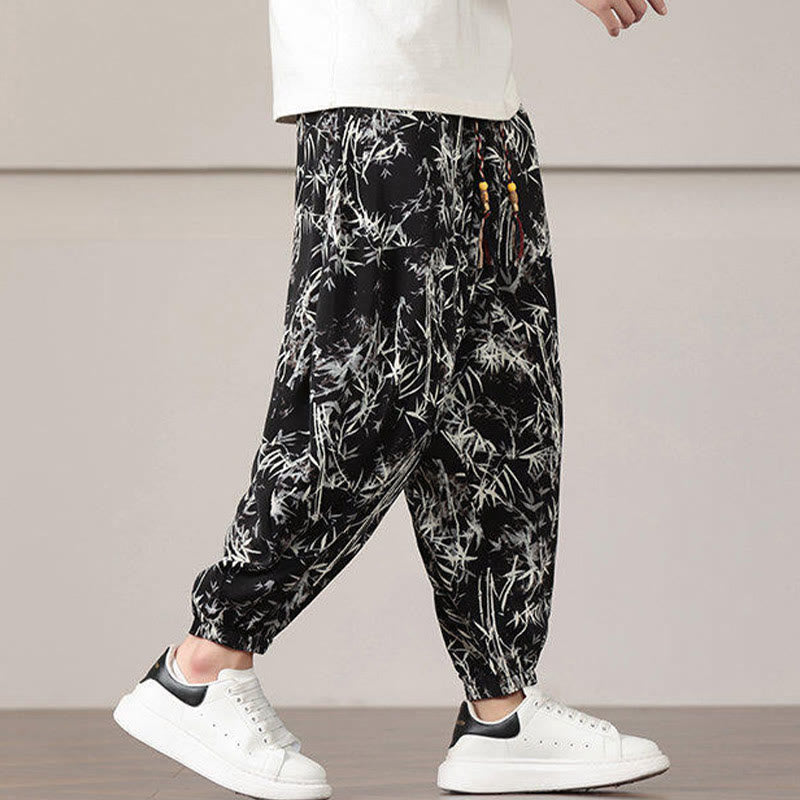 Pantalon sarouel pour homme Foviel à motif de feuilles de bambou avec cordon de serrage et poches