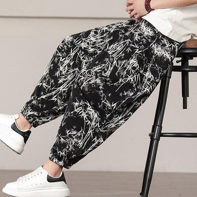 Pantalon sarouel pour homme Foviel à motif de feuilles de bambou avec cordon de serrage et poches
