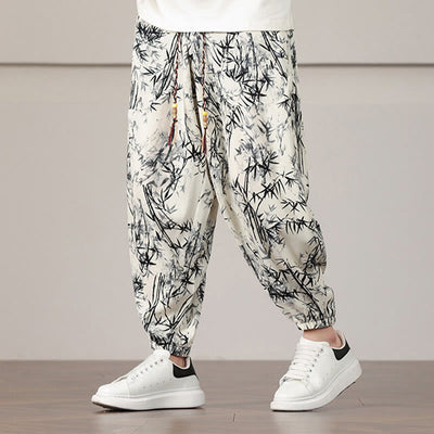 Pantalon sarouel pour homme Foviel à motif de feuilles de bambou avec cordon de serrage et poches