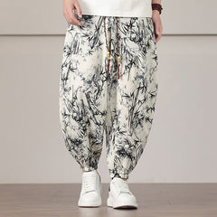 Pantalon sarouel pour homme Foviel à motif de feuilles de bambou avec cordon de serrage et poches
