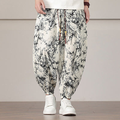 Pantalon sarouel pour homme Foviel à motif de feuilles de bambou avec cordon de serrage et poches