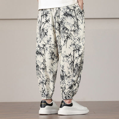 Pantalon sarouel pour homme Foviel à motif de feuilles de bambou avec cordon de serrage et poches