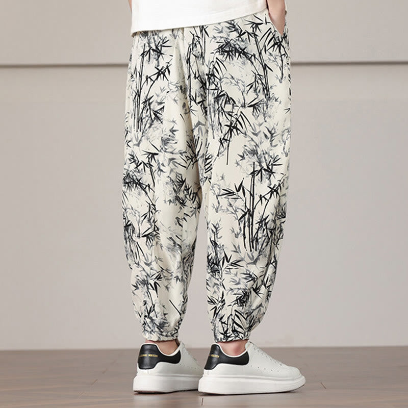 Pantalon sarouel pour homme Foviel à motif de feuilles de bambou avec cordon de serrage et poches