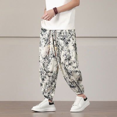 Pantalon sarouel pour homme Foviel à motif de feuilles de bambou avec cordon de serrage et poches