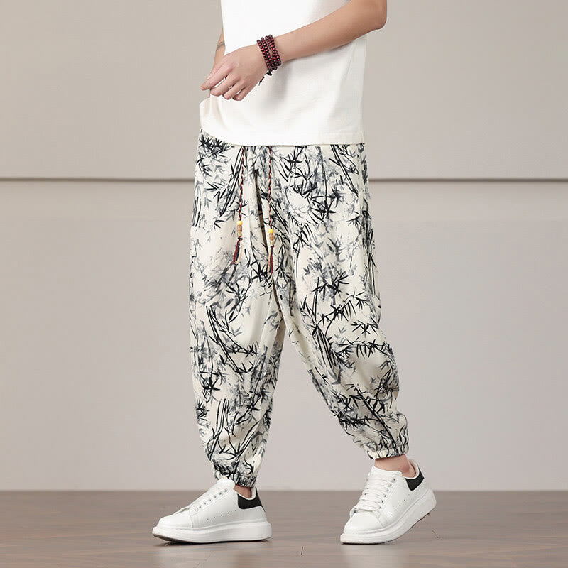 Foviel Bamboo Leaf Pattern Drawstring Men's Harem Pants With Pockets