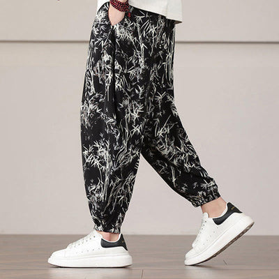Pantalon sarouel pour homme Foviel à motif de feuilles de bambou avec cordon de serrage et poches