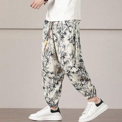 Pantalon sarouel pour homme Foviel à motif de feuilles de bambou avec cordon de serrage et poches