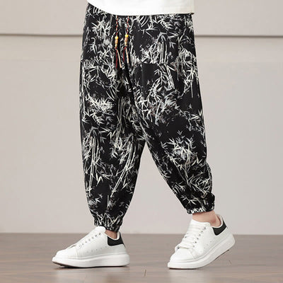 Pantalon sarouel pour homme Foviel à motif de feuilles de bambou avec cordon de serrage et poches