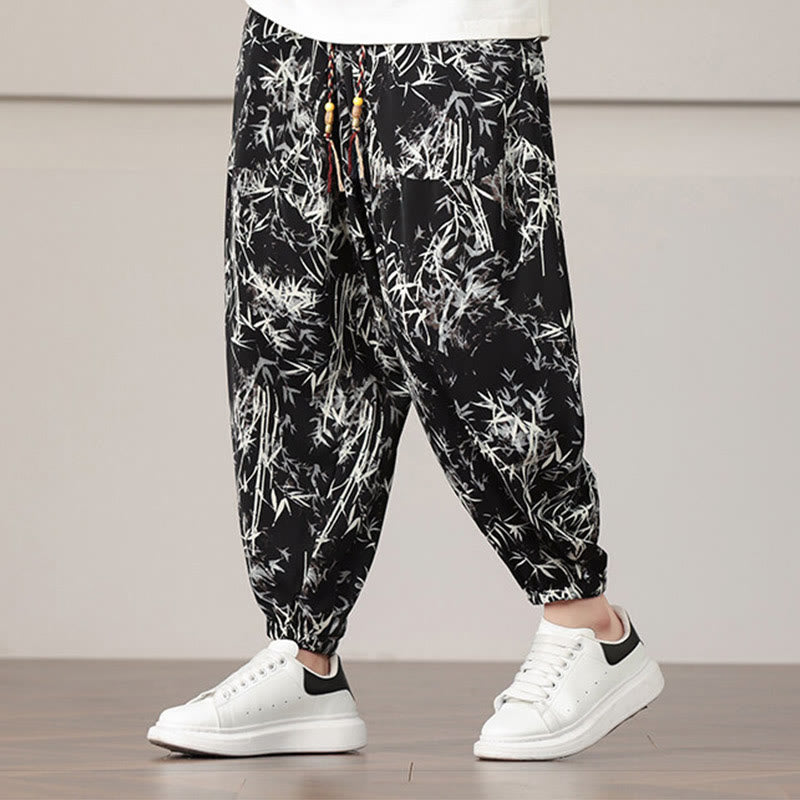 Pantalon sarouel pour homme Foviel à motif de feuilles de bambou avec cordon de serrage et poches