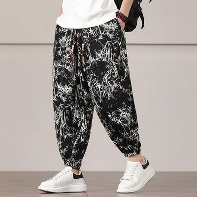 Pantalon sarouel pour homme Foviel à motif de feuilles de bambou avec cordon de serrage et poches