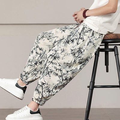 Pantalon sarouel pour homme Foviel à motif de feuilles de bambou avec cordon de serrage et poches
