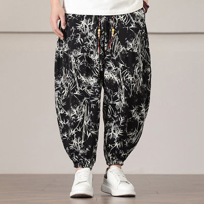 Pantalon sarouel pour homme Foviel à motif de feuilles de bambou avec cordon de serrage et poches