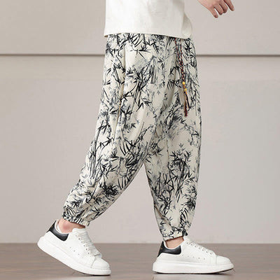 Pantalon sarouel pour homme Foviel à motif de feuilles de bambou avec cordon de serrage et poches