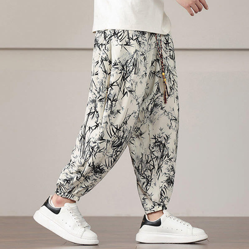 Pantalon sarouel pour homme Foviel à motif de feuilles de bambou avec cordon de serrage et poches