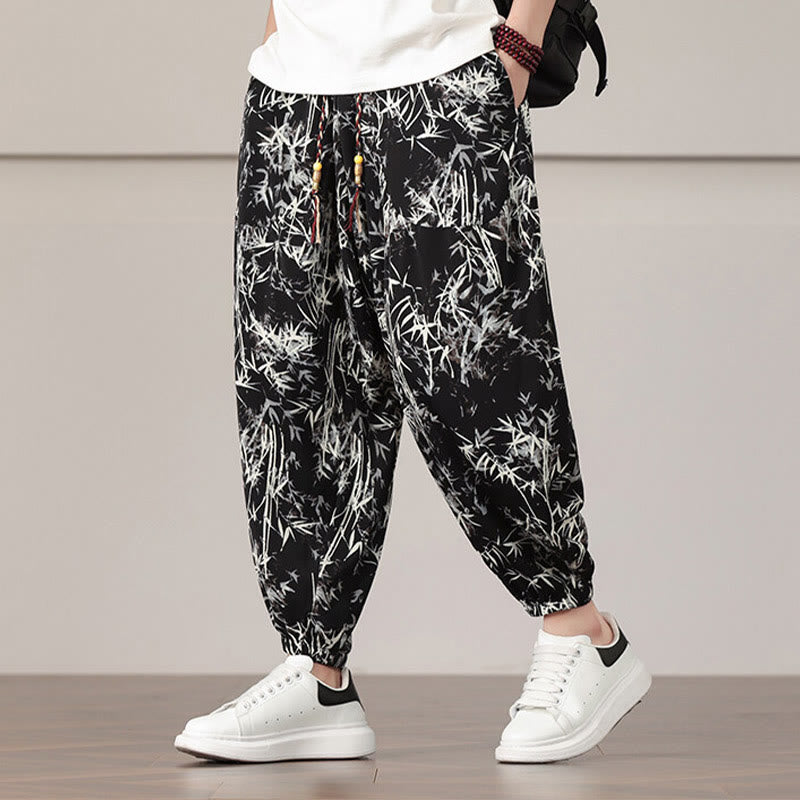 Pantalon sarouel pour homme Foviel à motif de feuilles de bambou avec cordon de serrage et poches